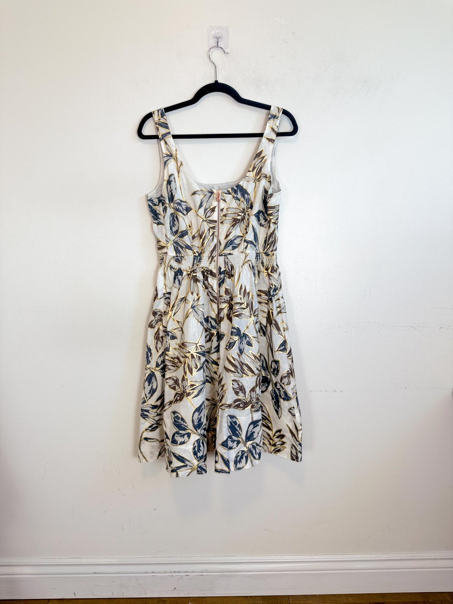 J.Crew Fit & Flare Gold Foil Leal Print Linen Dress (Size M/L)