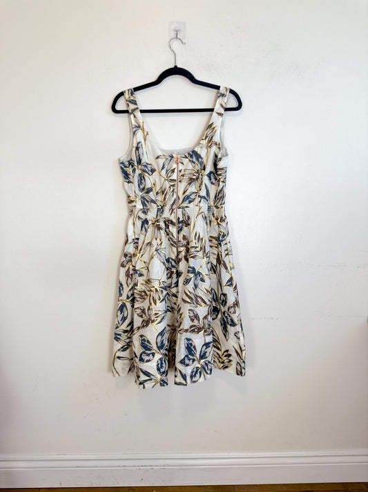 J.Crew Fit & Flare Gold Foil Leal Print Linen Dress (Size M/L)