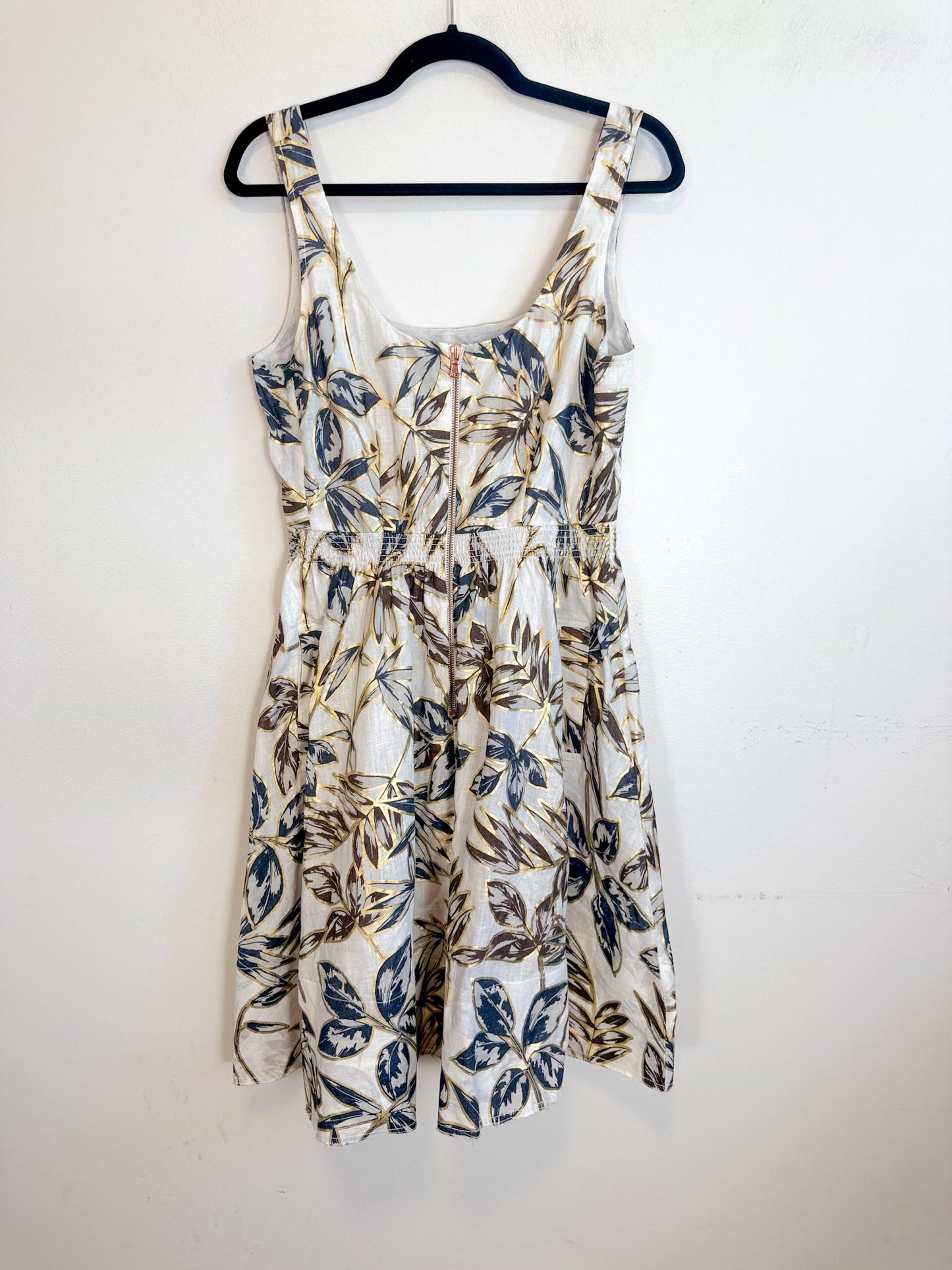 J.Crew Fit & Flare Gold Foil Leal Print Linen Dress (Size M/L)