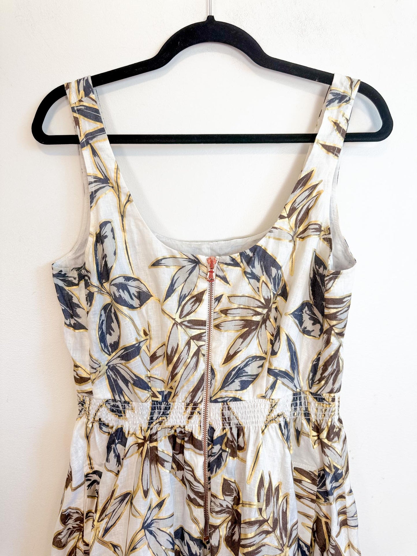 J.Crew Fit & Flare Gold Foil Leal Print Linen Dress (Size M/L)