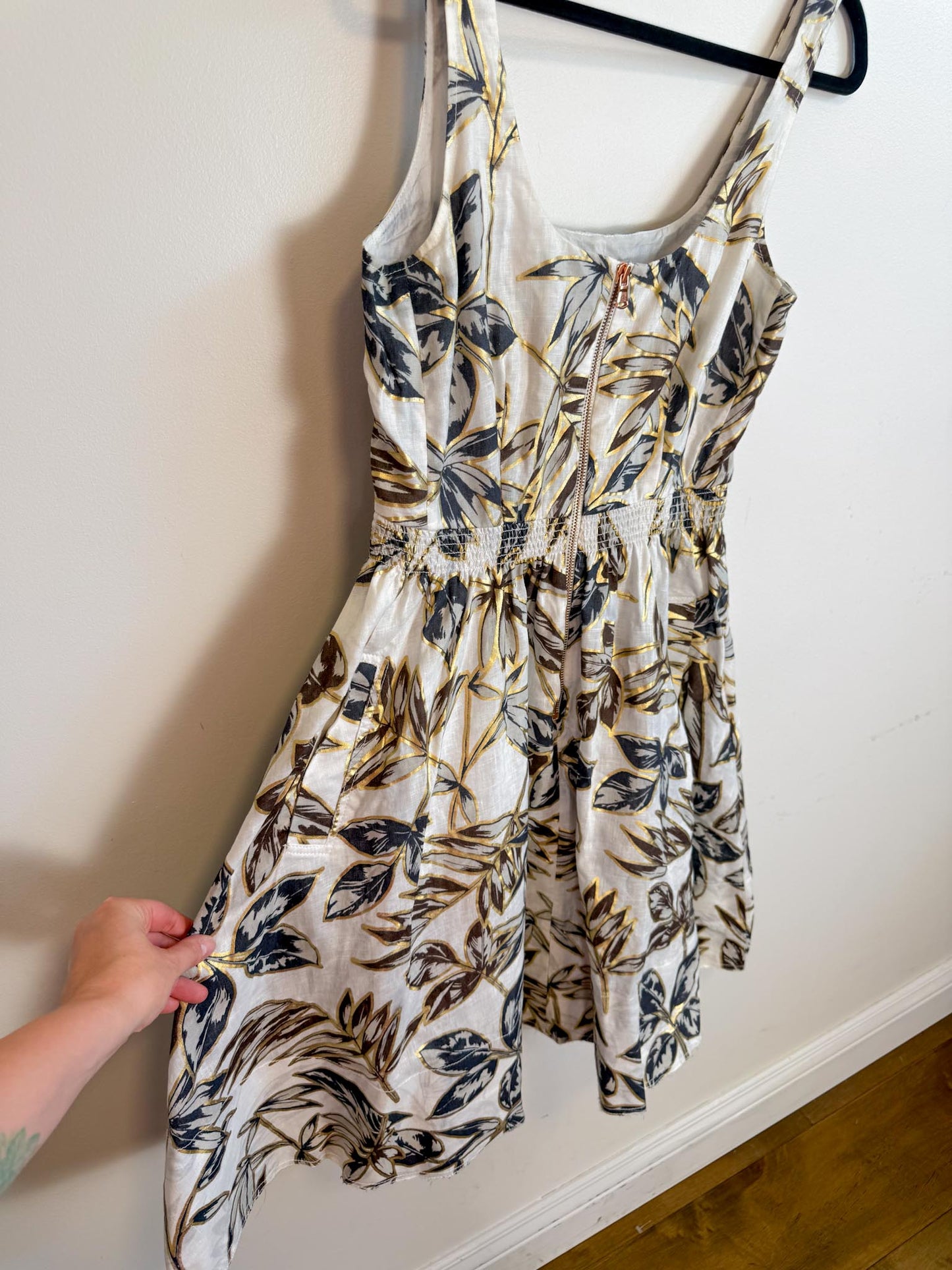 J.Crew Fit & Flare Gold Foil Leal Print Linen Dress (Size M/L)