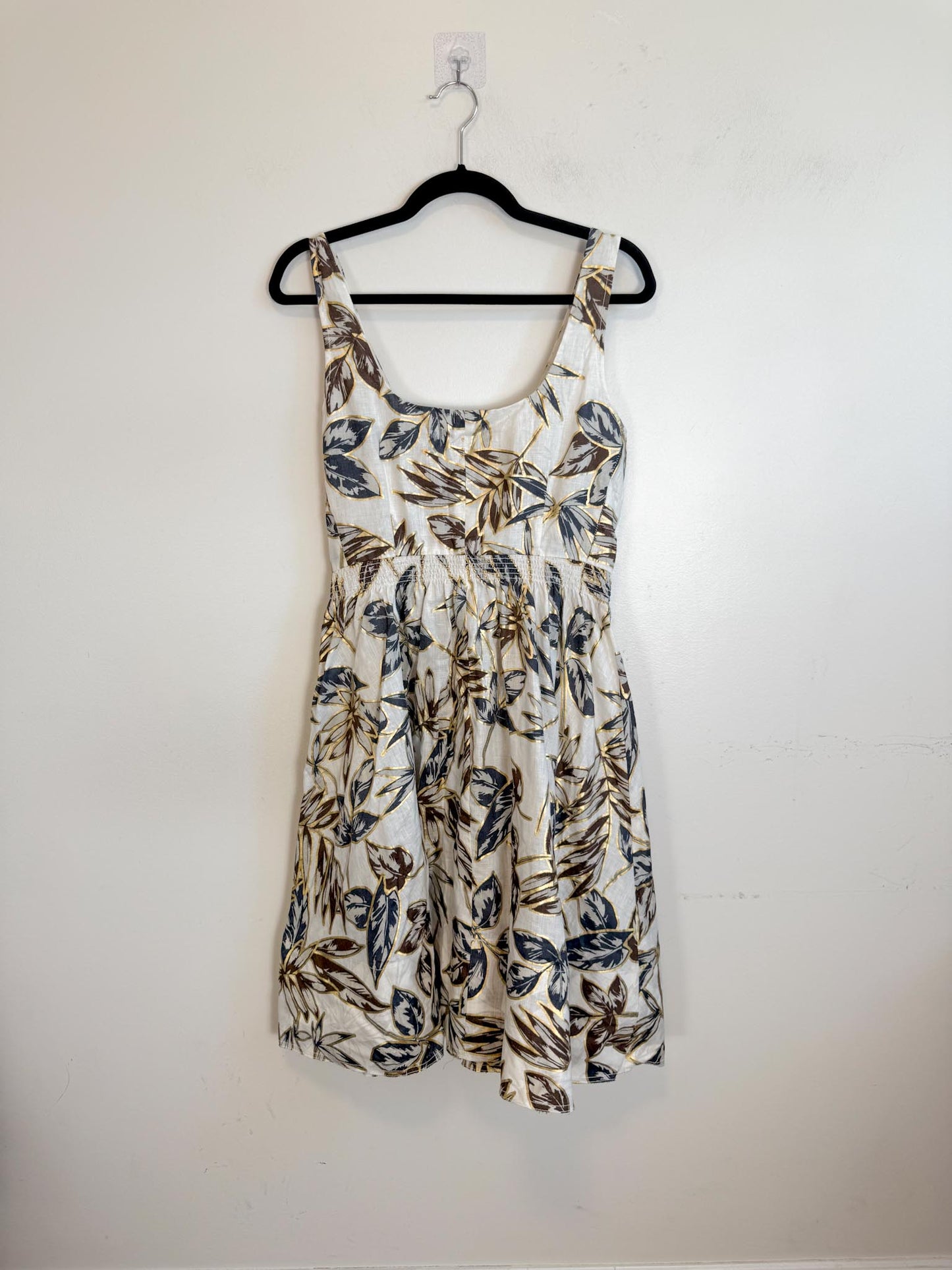 J.Crew Fit & Flare Gold Foil Leal Print Linen Dress (Size M/L)