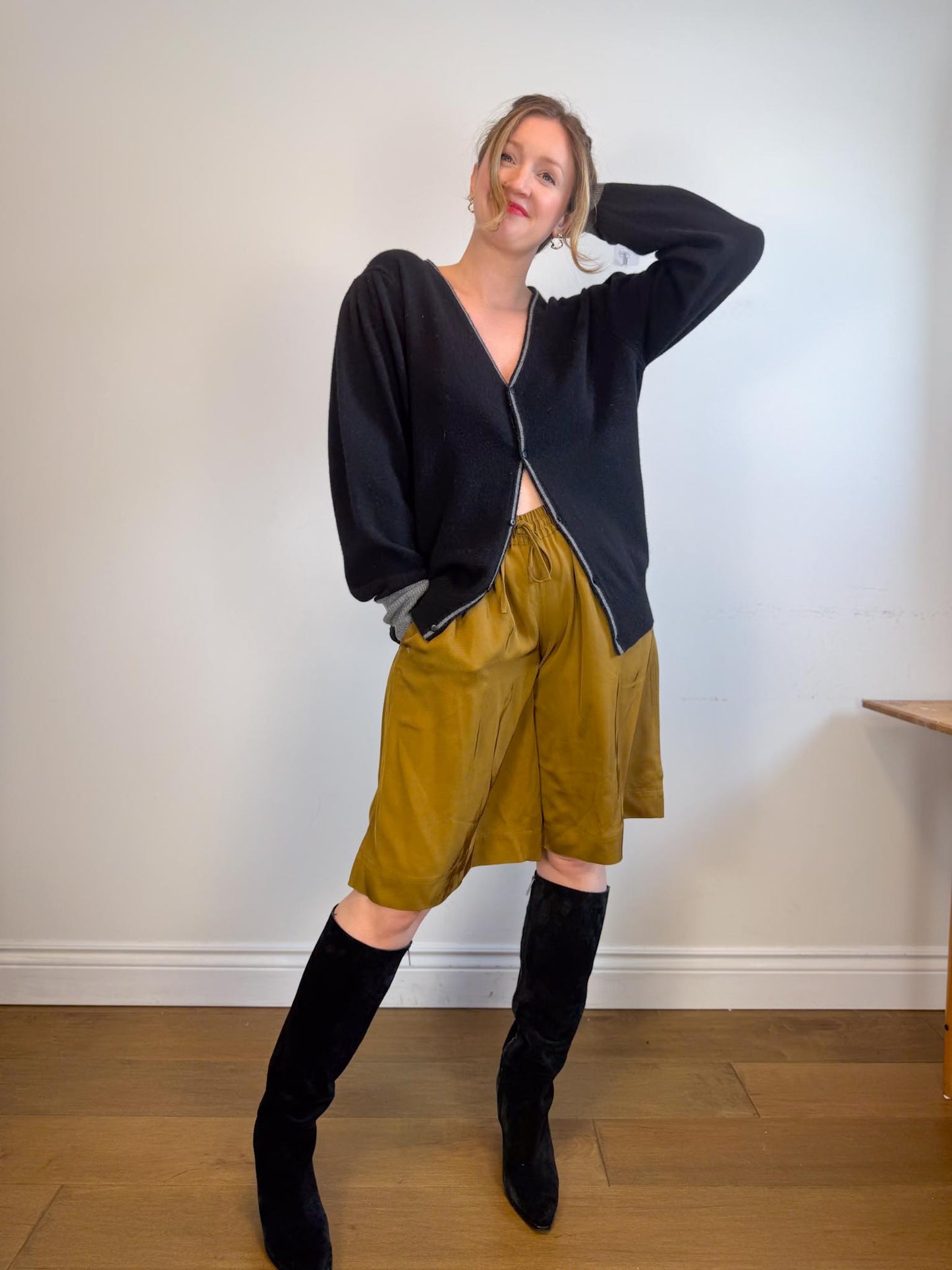 Random Identities Designer Wool & Cashmere Bicolour Cardigan in Black/Grey (Size L)