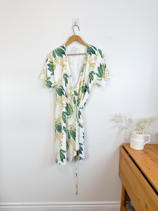 Babaton Wallace Wrap Dress in White/Green Floral (Size M)