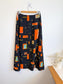 Vintage Abstract Floral Print Midi Skirt in Black/Orange (Size M)