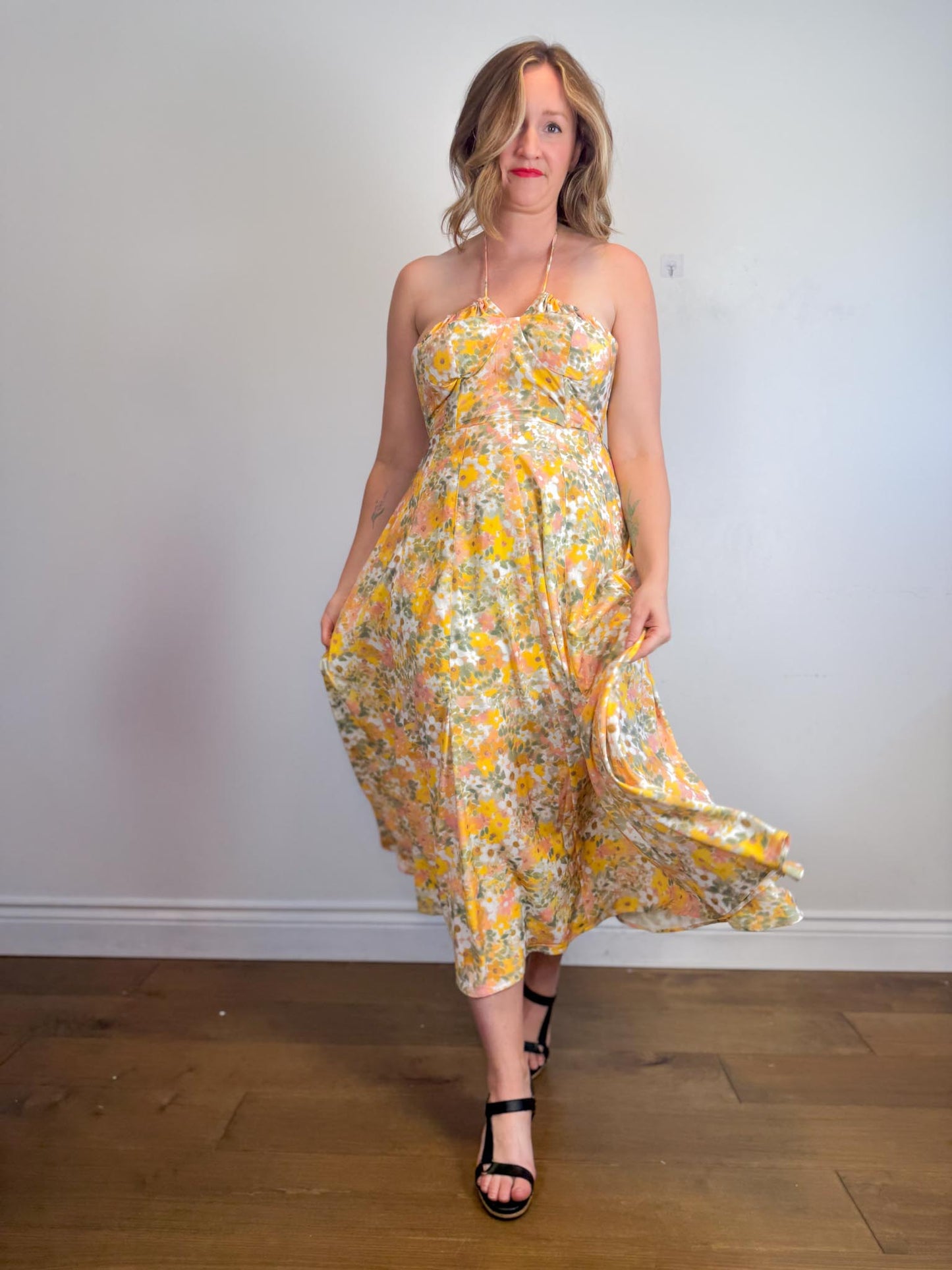 Anthropologie En Saison "Kasey Halter Dress in Yellow Floral" (Size M)