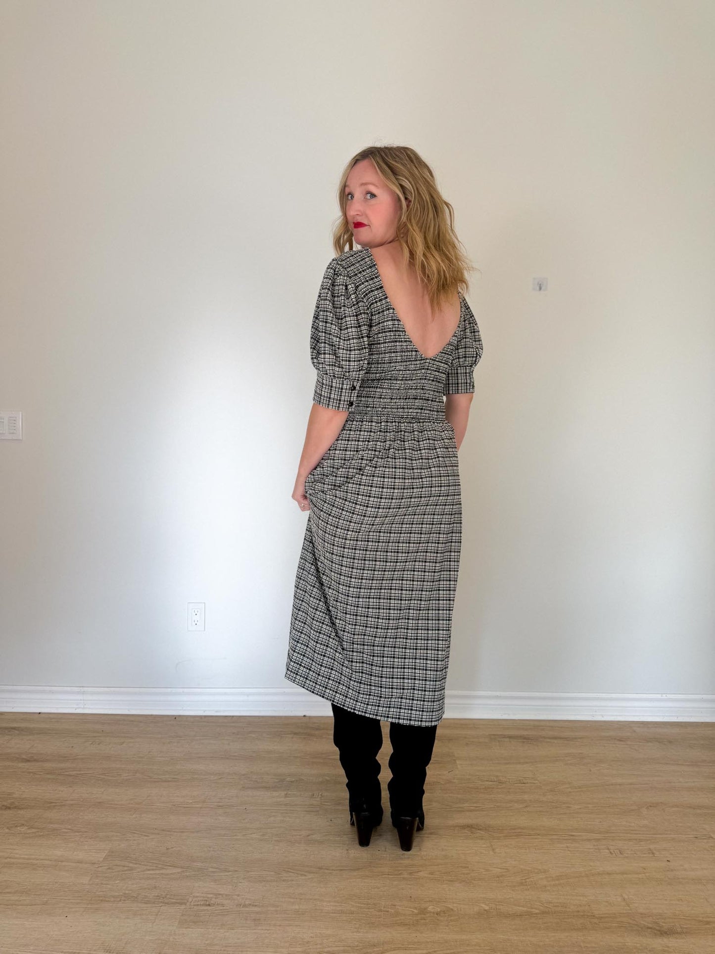GANNI "Shirred Checked Recycled Seersucker Midi Dress in Black/White" (Size L)