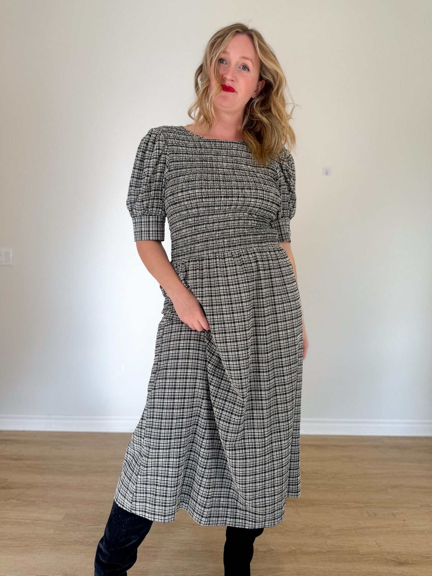 GANNI "Shirred Checked Recycled Seersucker Midi Dress in Black/White" (Size L)