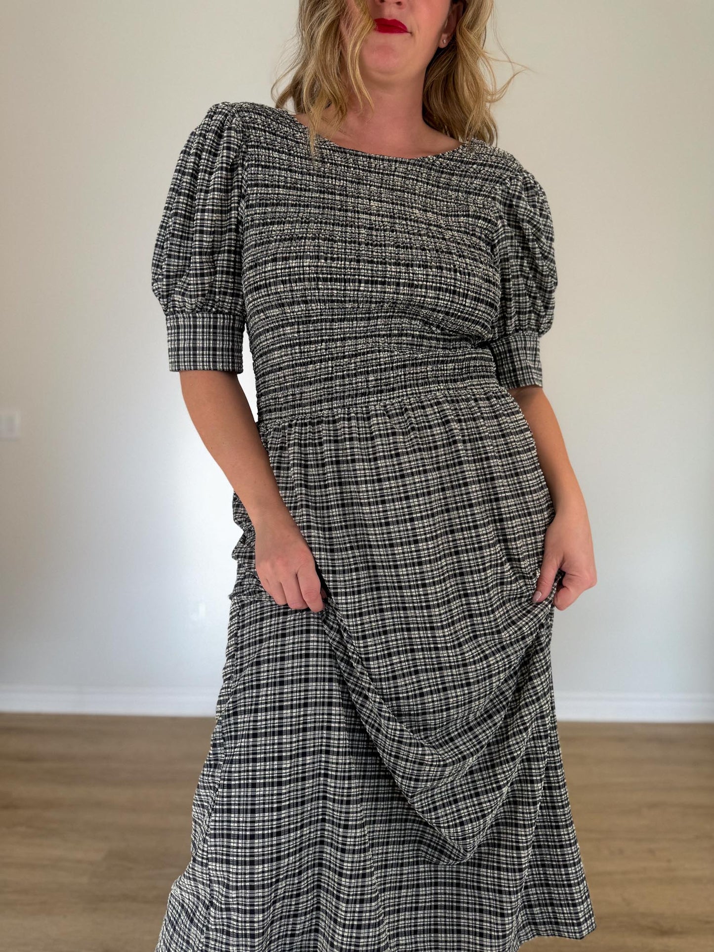 GANNI "Shirred Checked Recycled Seersucker Midi Dress in Black/White" (Size L)