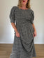 GANNI "Shirred Checked Recycled Seersucker Midi Dress in Black/White" (Size L)