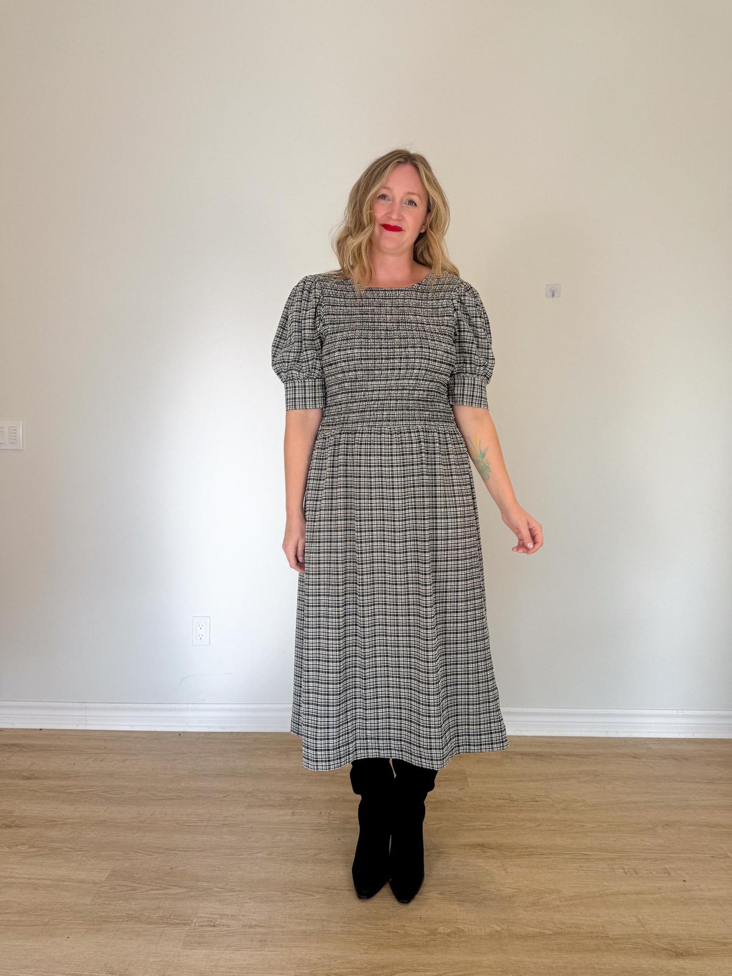 GANNI "Shirred Checked Recycled Seersucker Midi Dress in Black/White" (Size L)