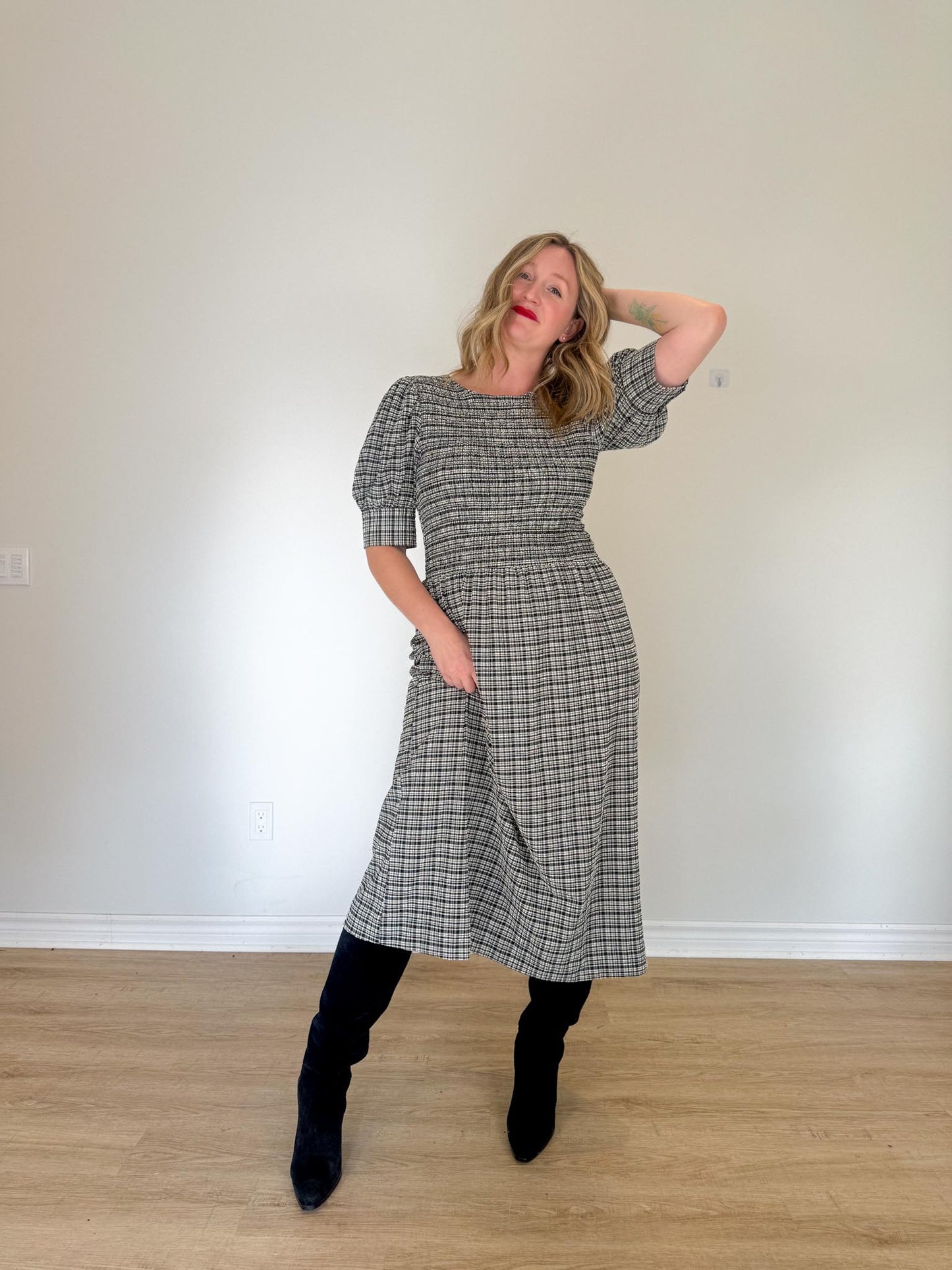 GANNI "Shirred Checked Recycled Seersucker Midi Dress in Black/White" (Size L)