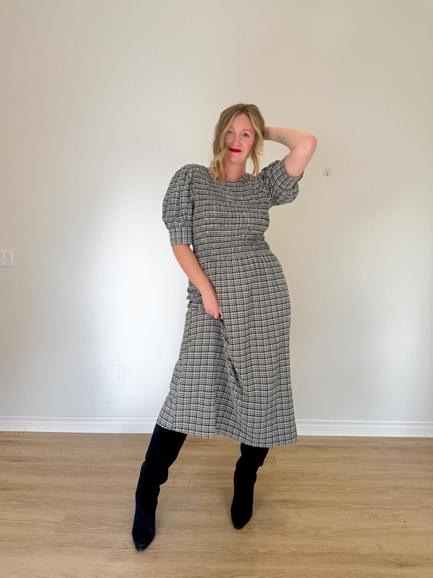 GANNI "Shirred Checked Recycled Seersucker Midi Dress in Black/White" (Size L)