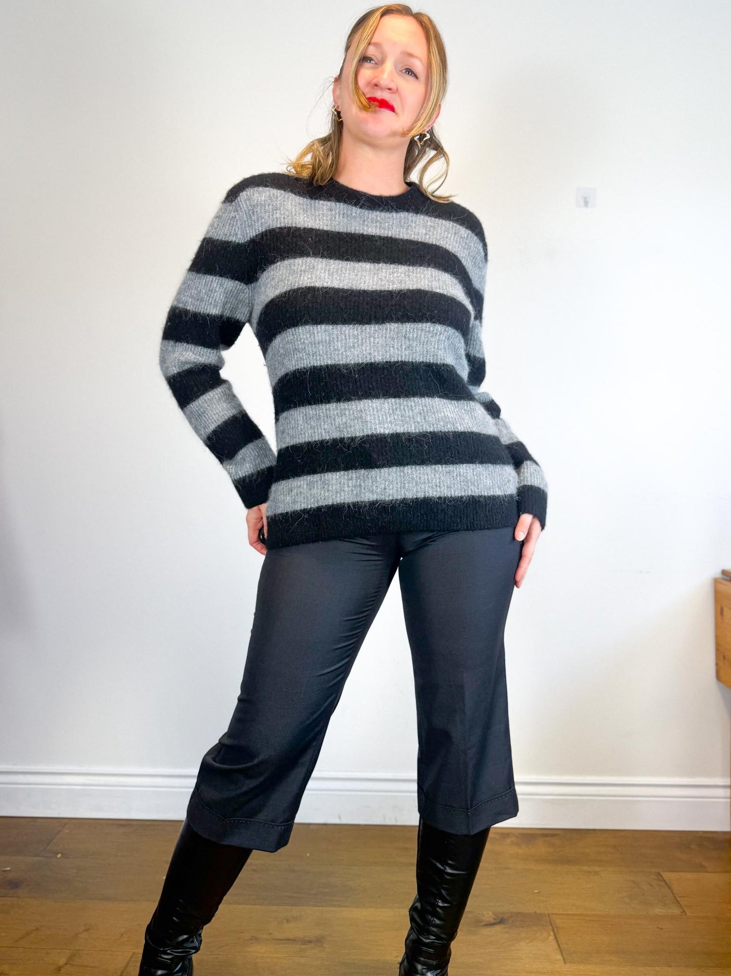 COS Alpaca Blend Striped Sweater in Black/Grey (Size M/L)