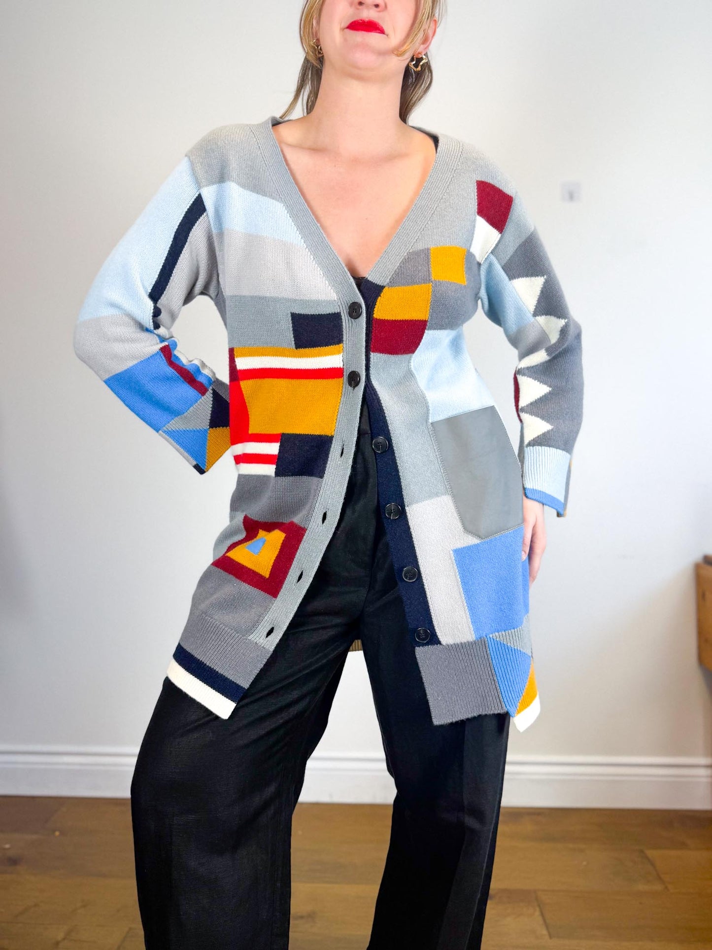 MRZ Designer Wool & Cashmere Colourblock Long Cardigan (Size XS-M)