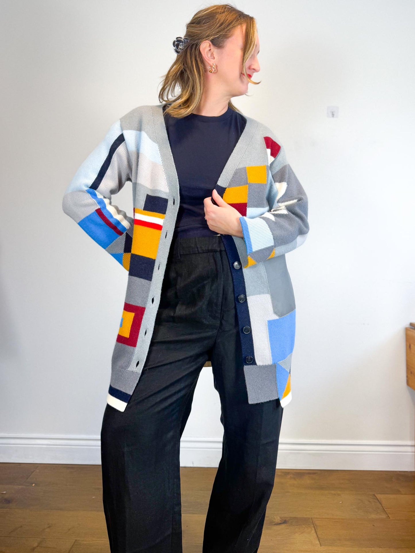 MRZ Designer Wool & Cashmere Colourblock Long Cardigan (Size XS-M)