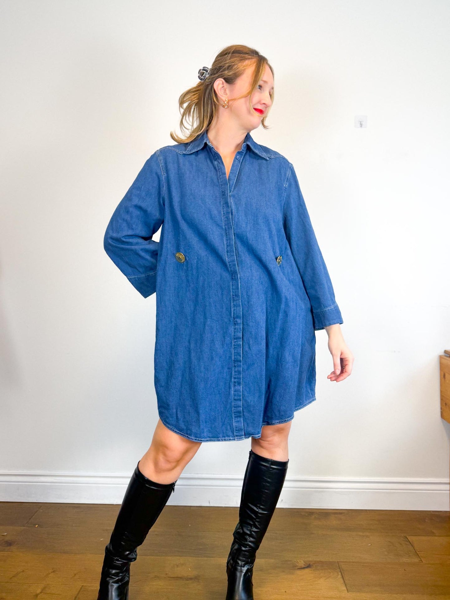 MM6 Maison Margiela Denim Dress with Large Gold Buttons (Size L/XL)