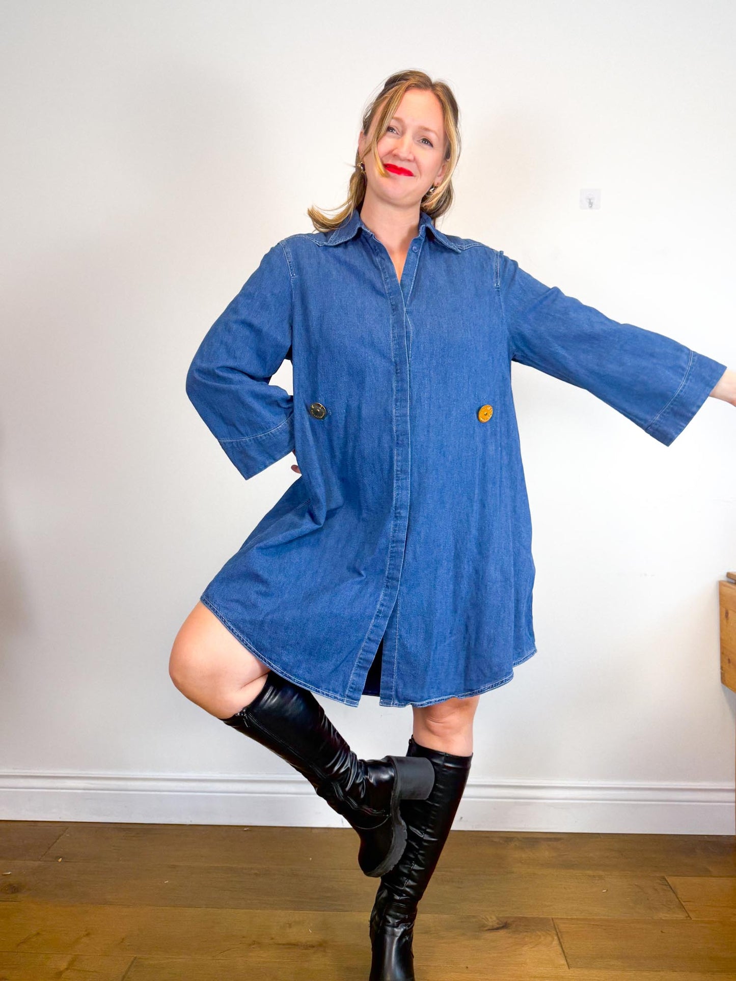 MM6 Maison Margiela Denim Dress with Large Gold Buttons (Size L/XL)