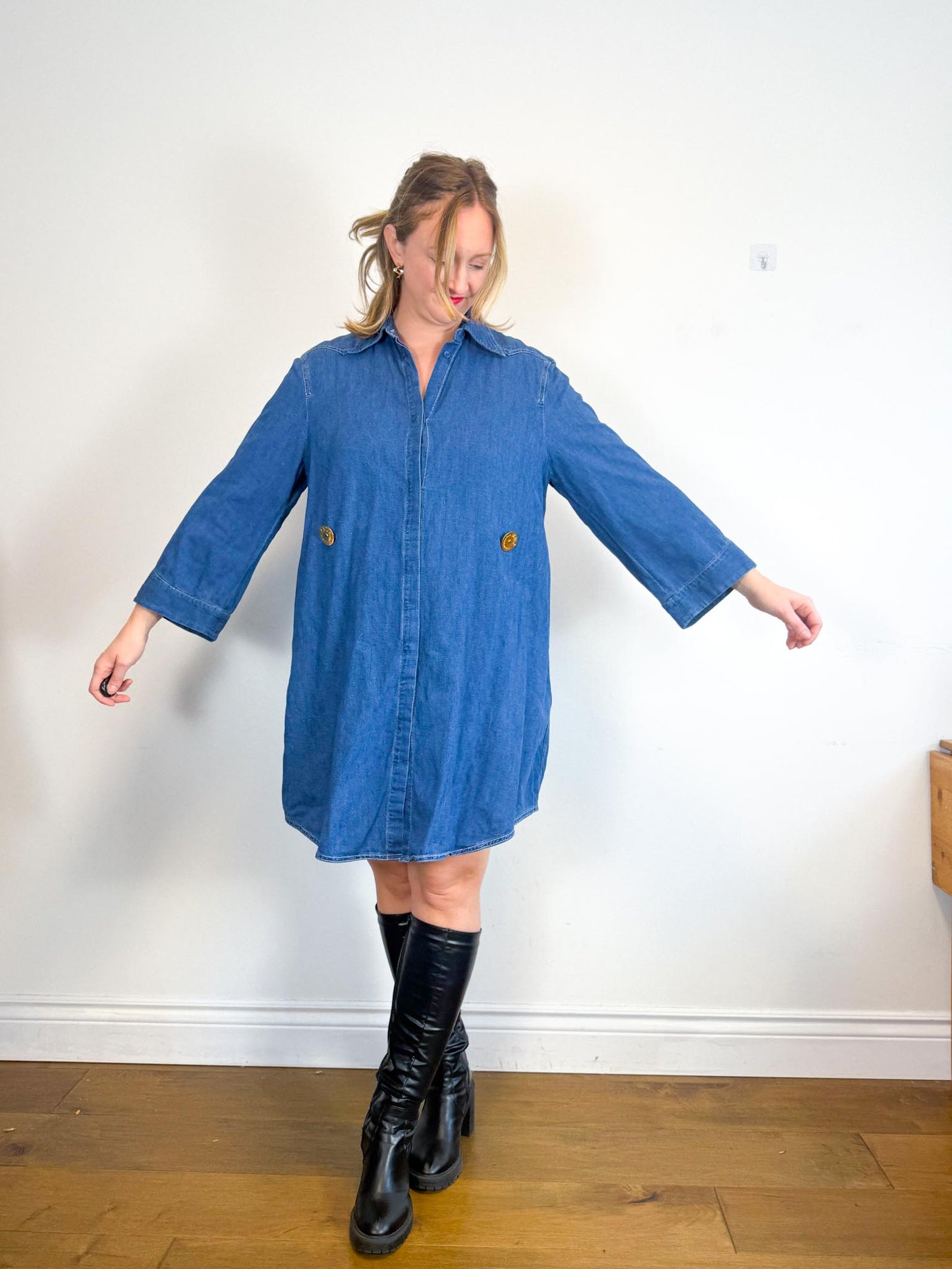 MM6 Maison Margiela Denim Dress with Large Gold Buttons (Size L/XL)