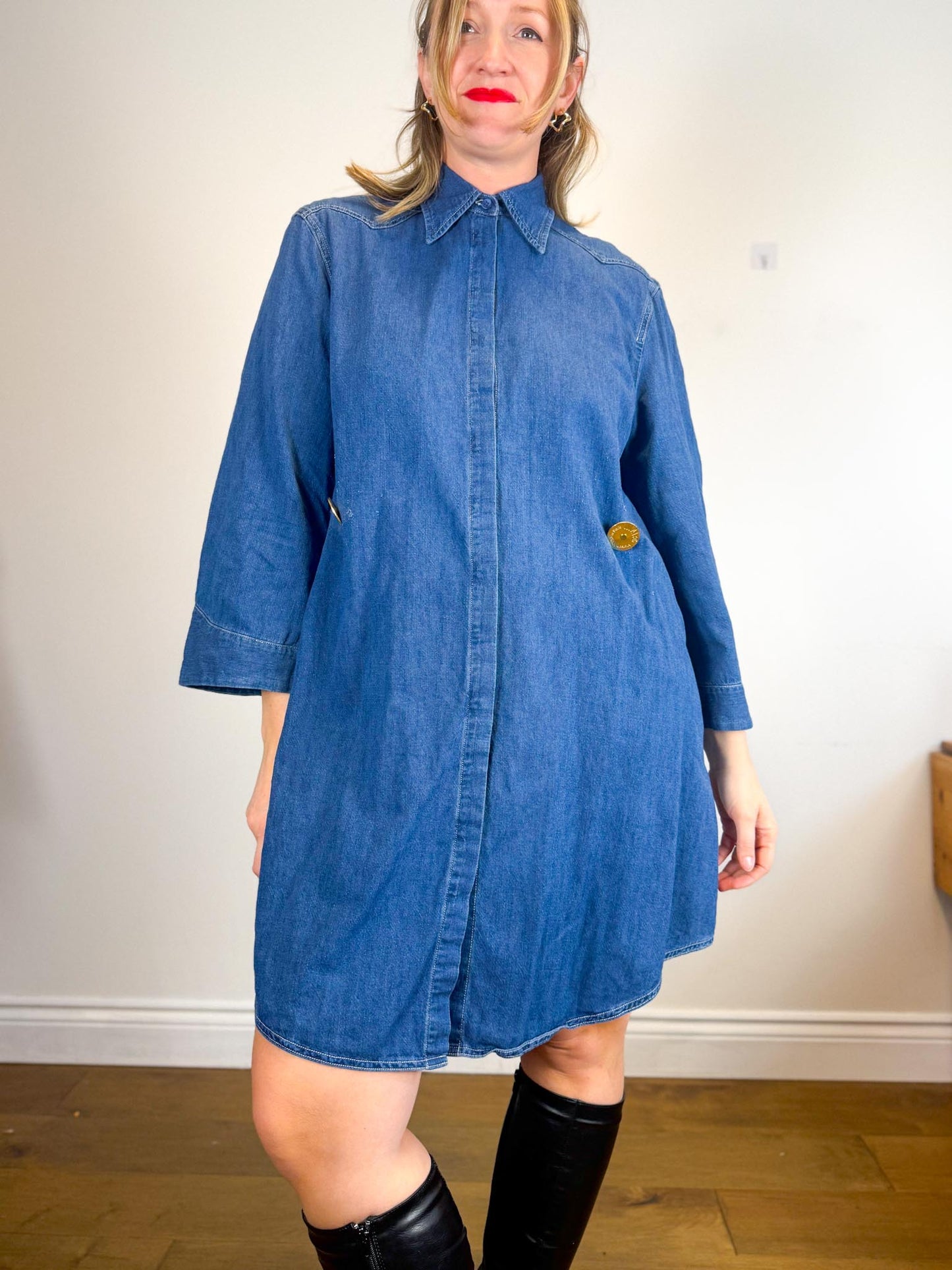 MM6 Maison Margiela Denim Dress with Large Gold Buttons (Size L/XL)