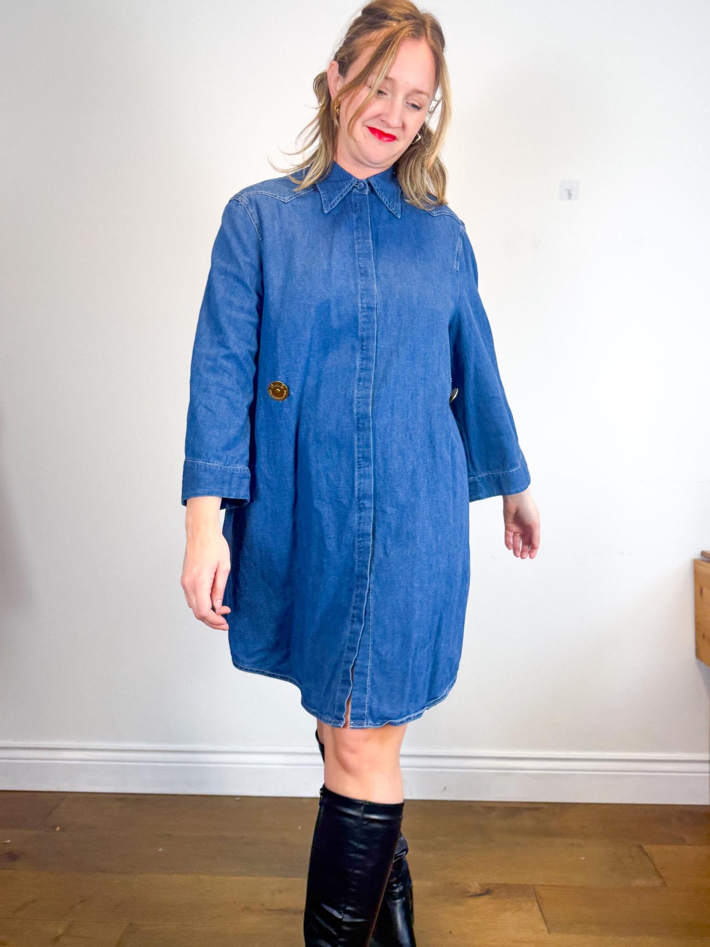 MM6 Maison Margiela Denim Dress with Large Gold Buttons (Size L/XL)