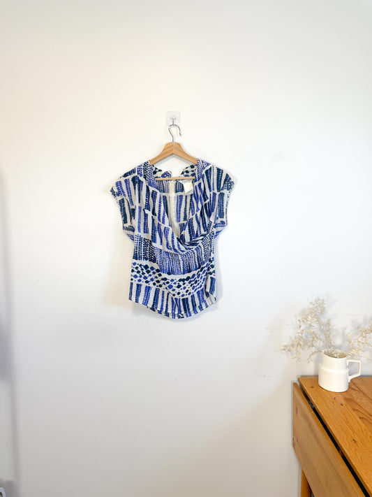 MaxMara Designer Silk Blouse in Blue/White SOLD AS IS (Size L)