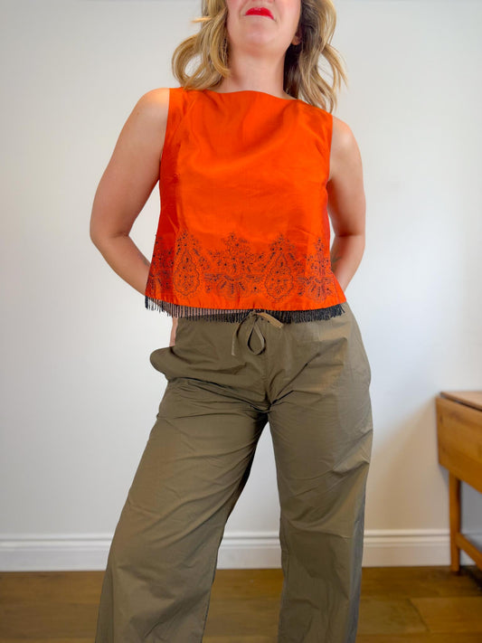 Vintage Silk Beaded Sleeveless Top in Orange (Size M)