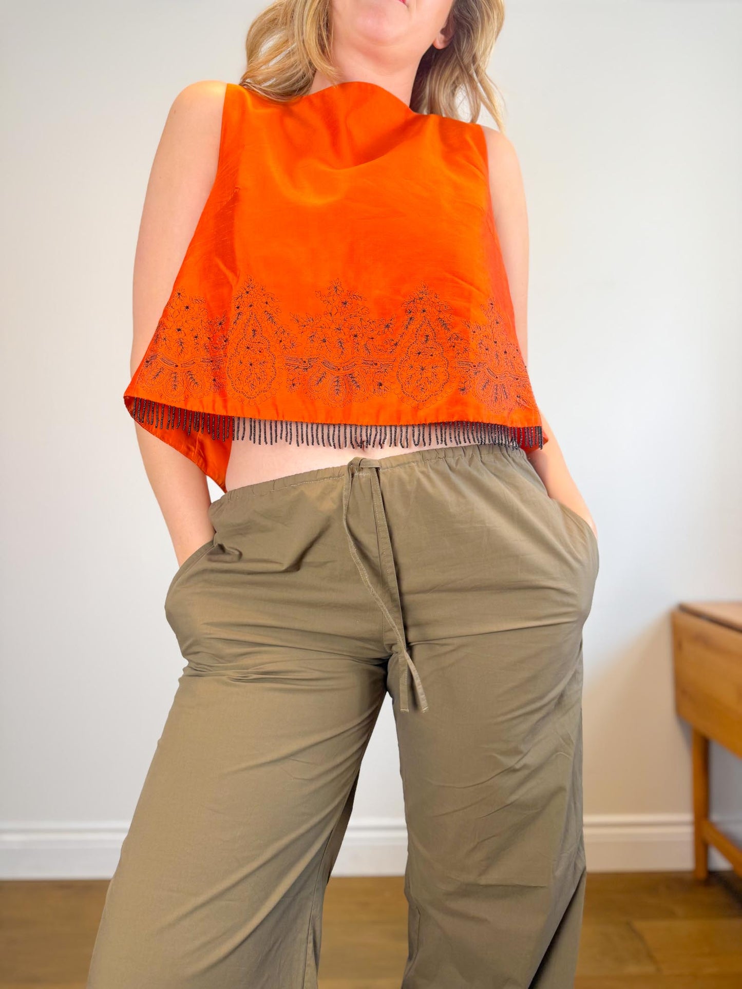 Vintage Silk Beaded Sleeveless Top in Orange (Size M)