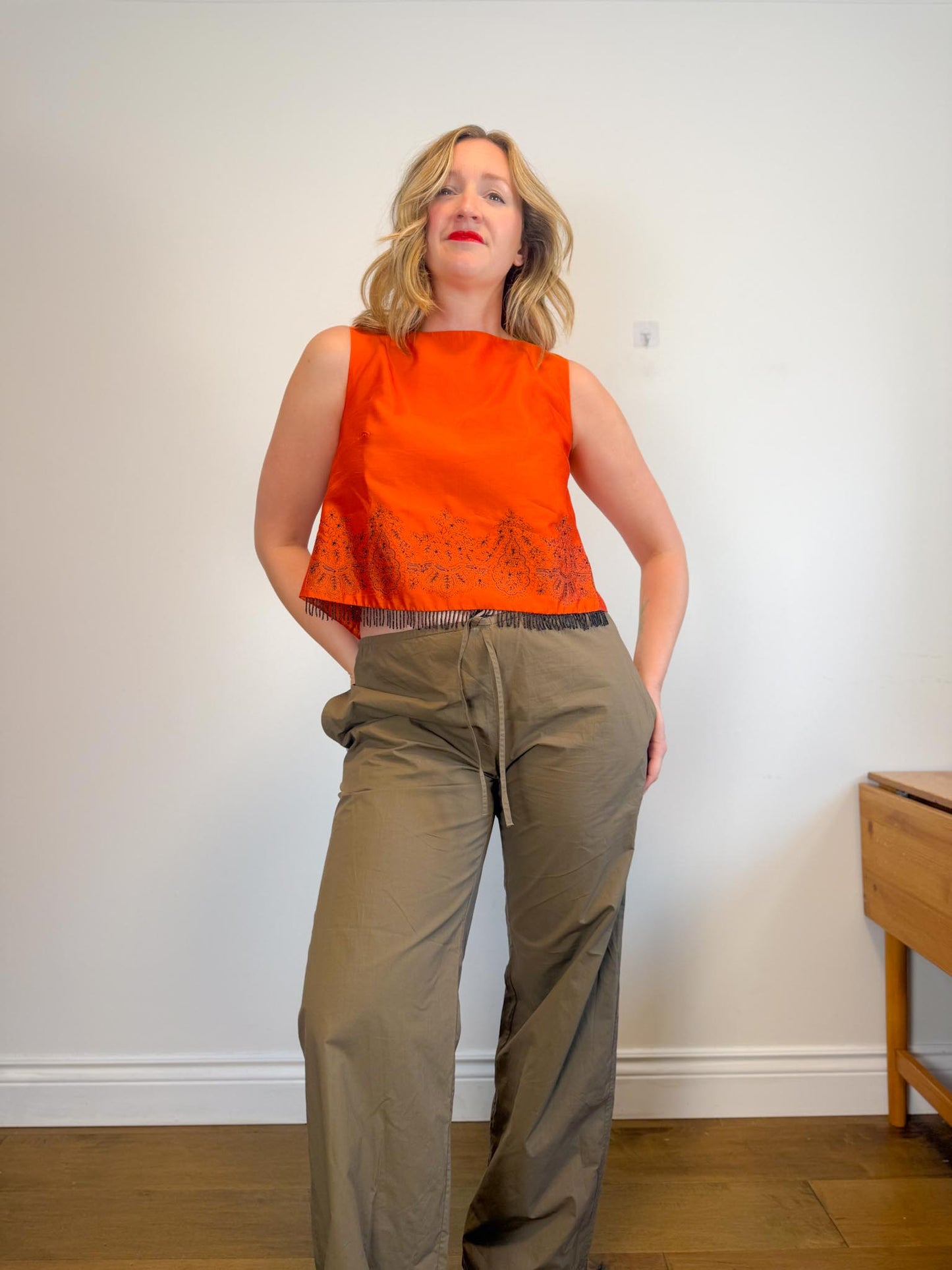 Vintage Silk Beaded Sleeveless Top in Orange (Size M)