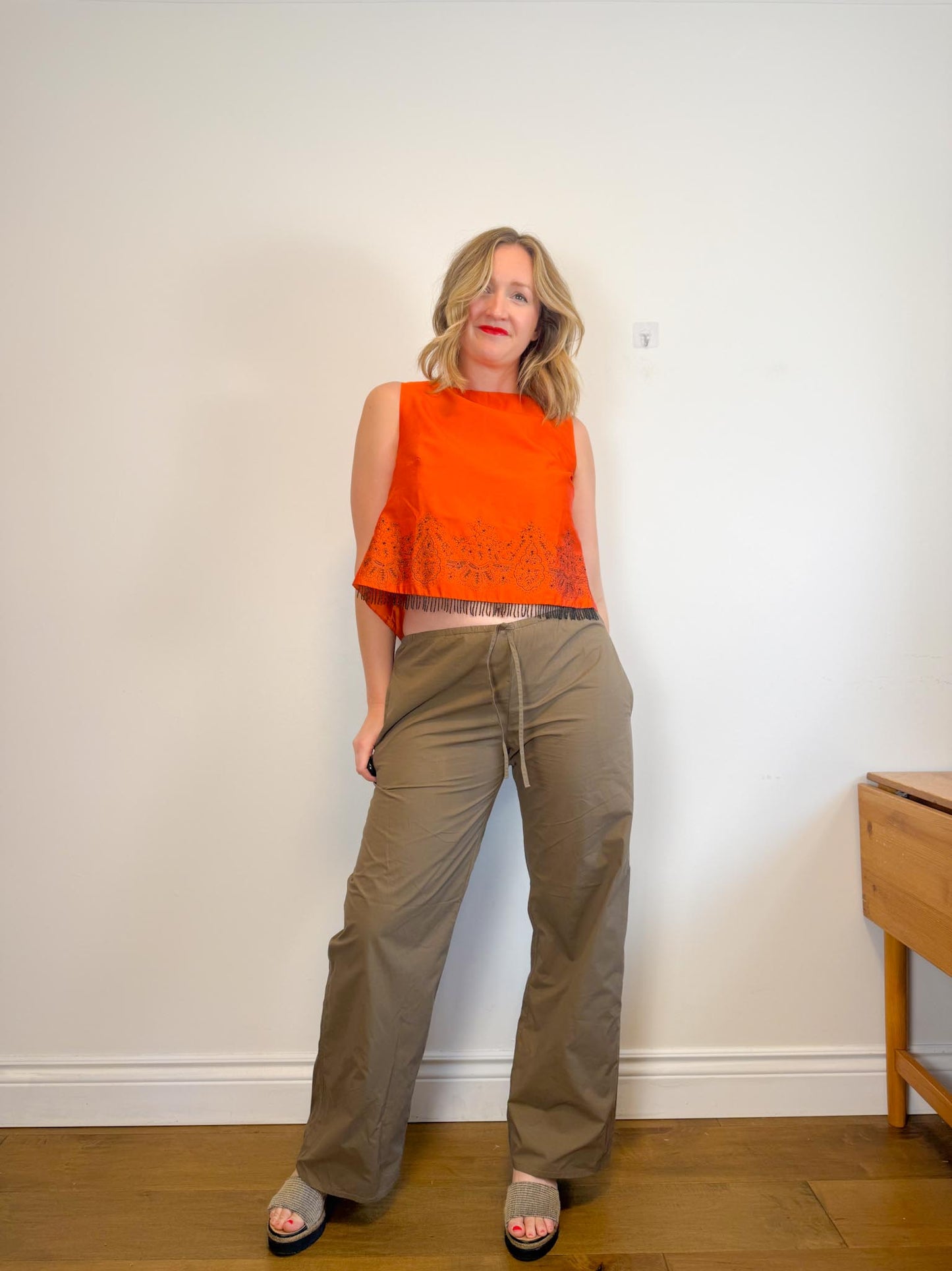 Vintage Silk Beaded Sleeveless Top in Orange (Size M)
