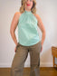 J.Crew "Tie-Neck Poplin Cotton Top in Green/White" (Size 10)