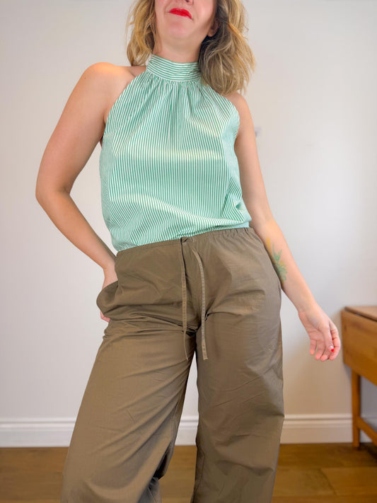 J.Crew "Tie-Neck Poplin Cotton Top in Green/White" (Size 10)