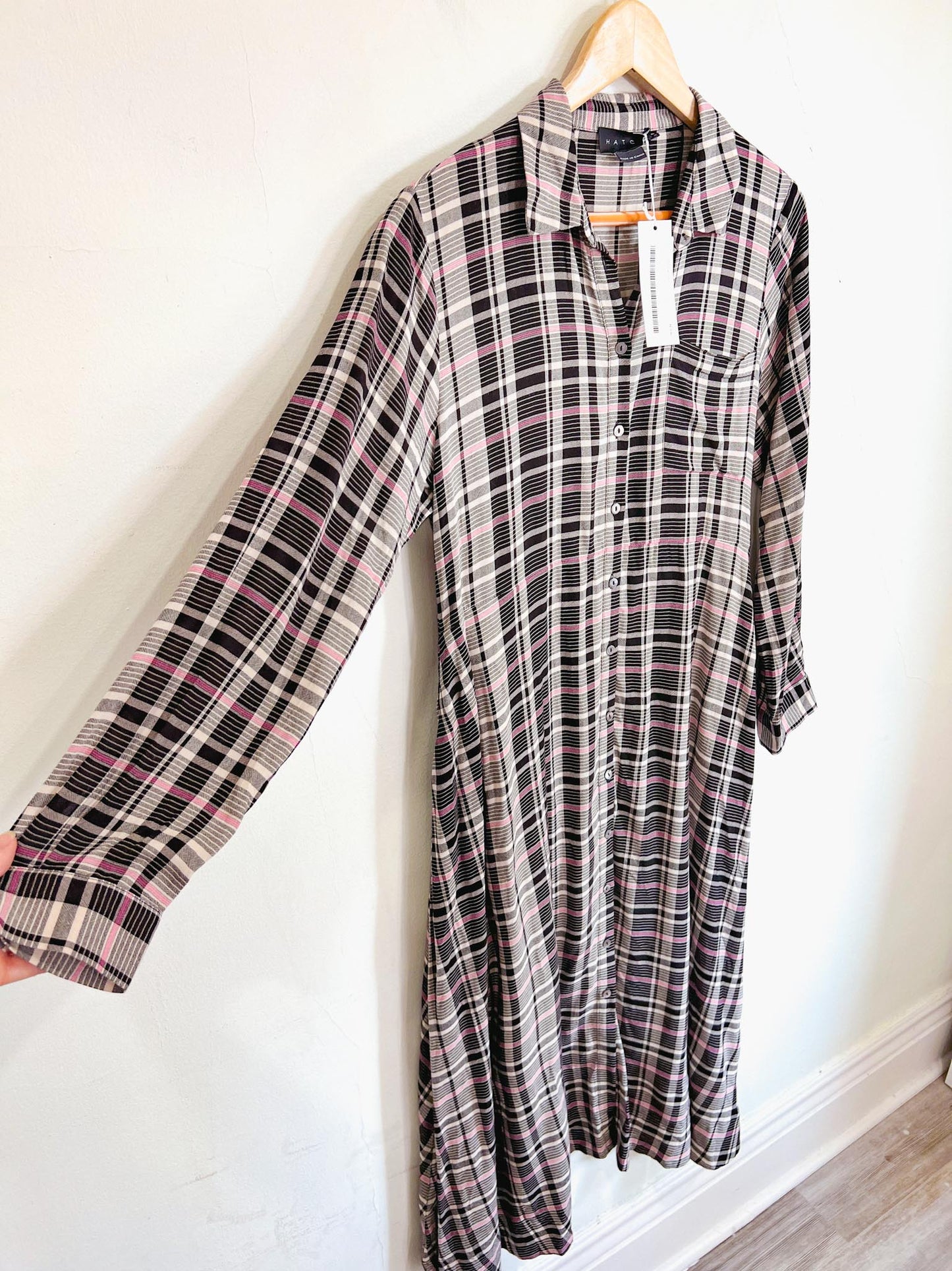 HATCH "The Alyssa Dress in Black/White/Pink Plaid" NWT (Size S/M)