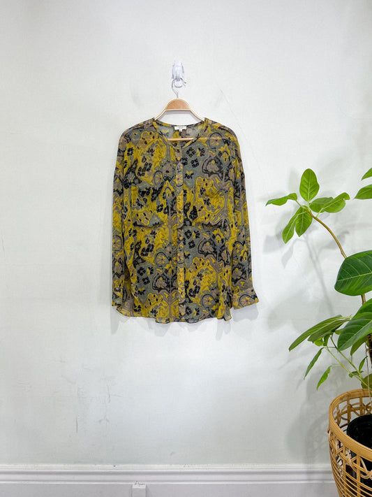 Wilfred Silk Sheer Blouse in Yellow/Grey/Blue Print SOLD AS IS (Size S/M)