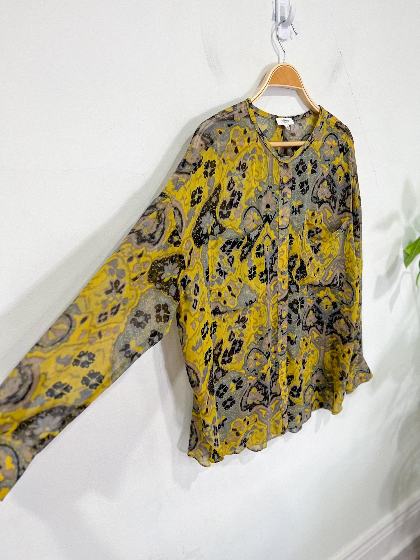 Wilfred Silk Sheer Blouse in Yellow/Grey/Blue Print SOLD AS IS (Size S/M)