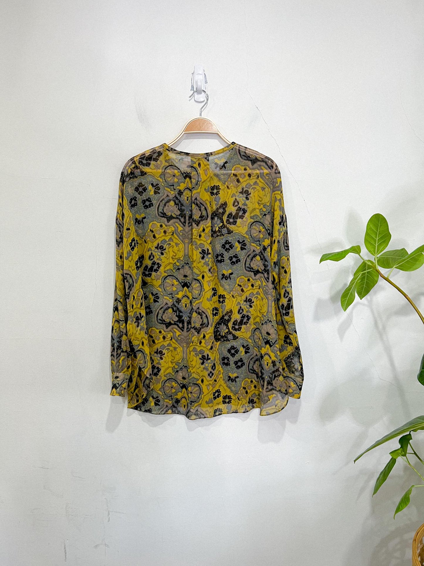 Wilfred Silk Sheer Blouse in Yellow/Grey/Blue Print SOLD AS IS (Size S/M)