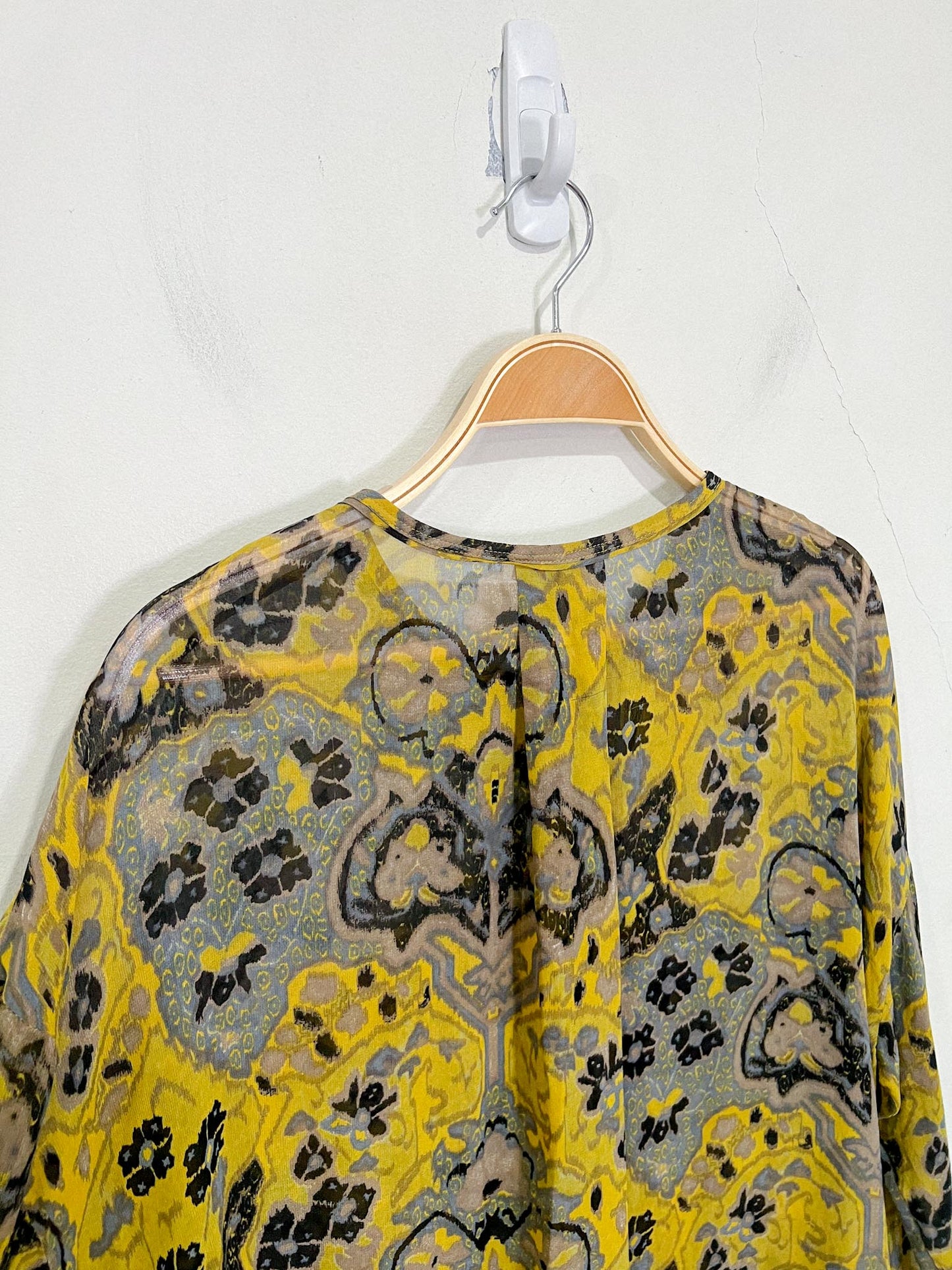 Wilfred Silk Sheer Blouse in Yellow/Grey/Blue Print SOLD AS IS (Size S/M)