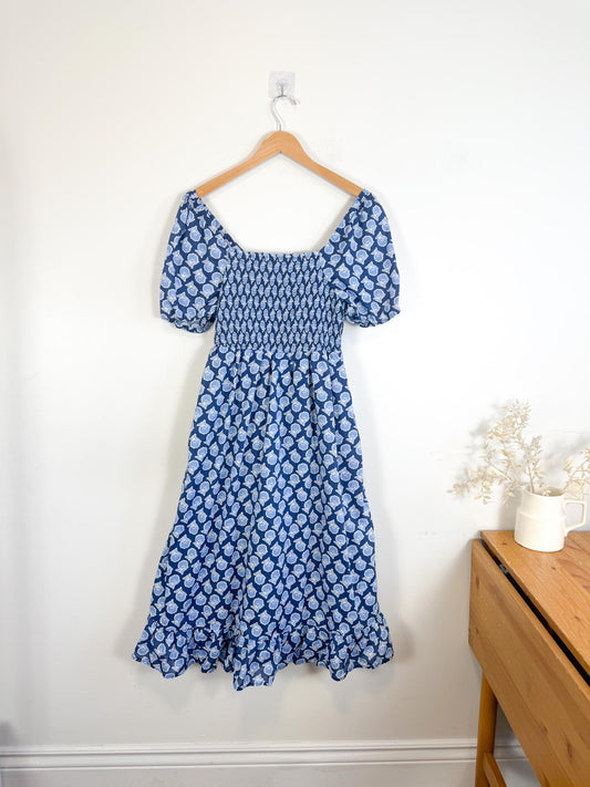 J.Crew Smocked Midi Dress with Puff Sleeves in Blue Print (Size S/M)