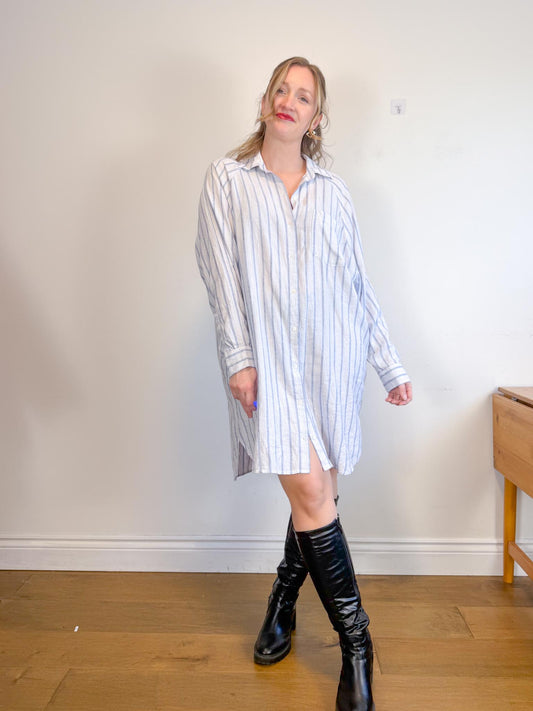 Wilfred Free "Boyfriend Linen Dress in Blue/White Stripe" NWT (Size L)