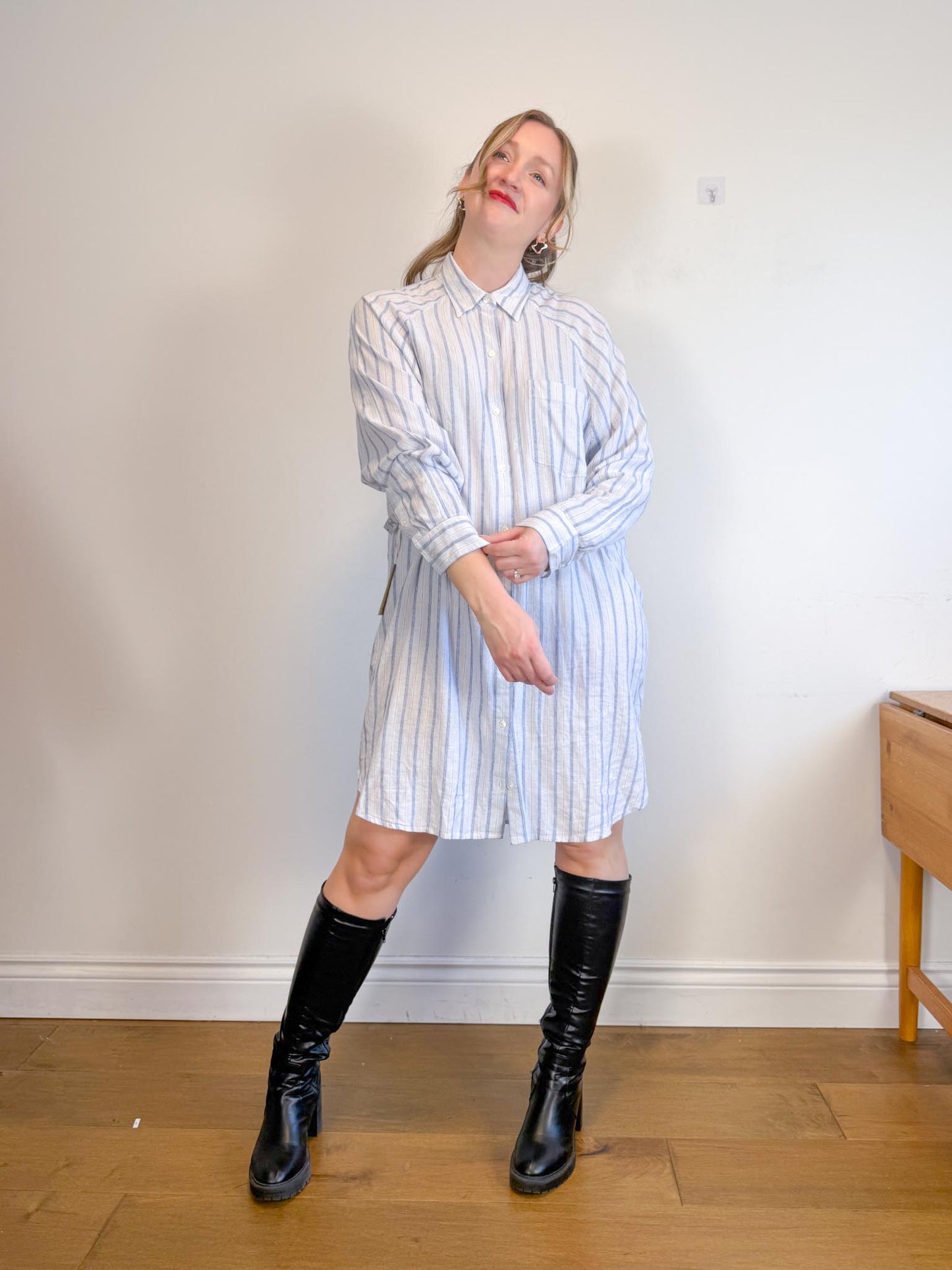 Wilfred Free "Boyfriend Linen Dress in Blue/White Stripe" NWT (Size L)