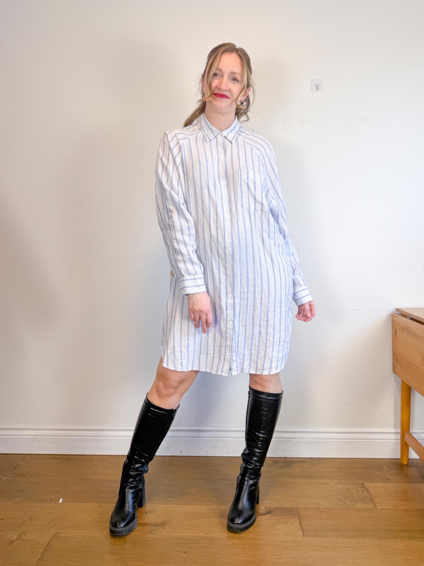 Wilfred Free "Boyfriend Linen Dress in Blue/White Stripe" NWT (Size L)