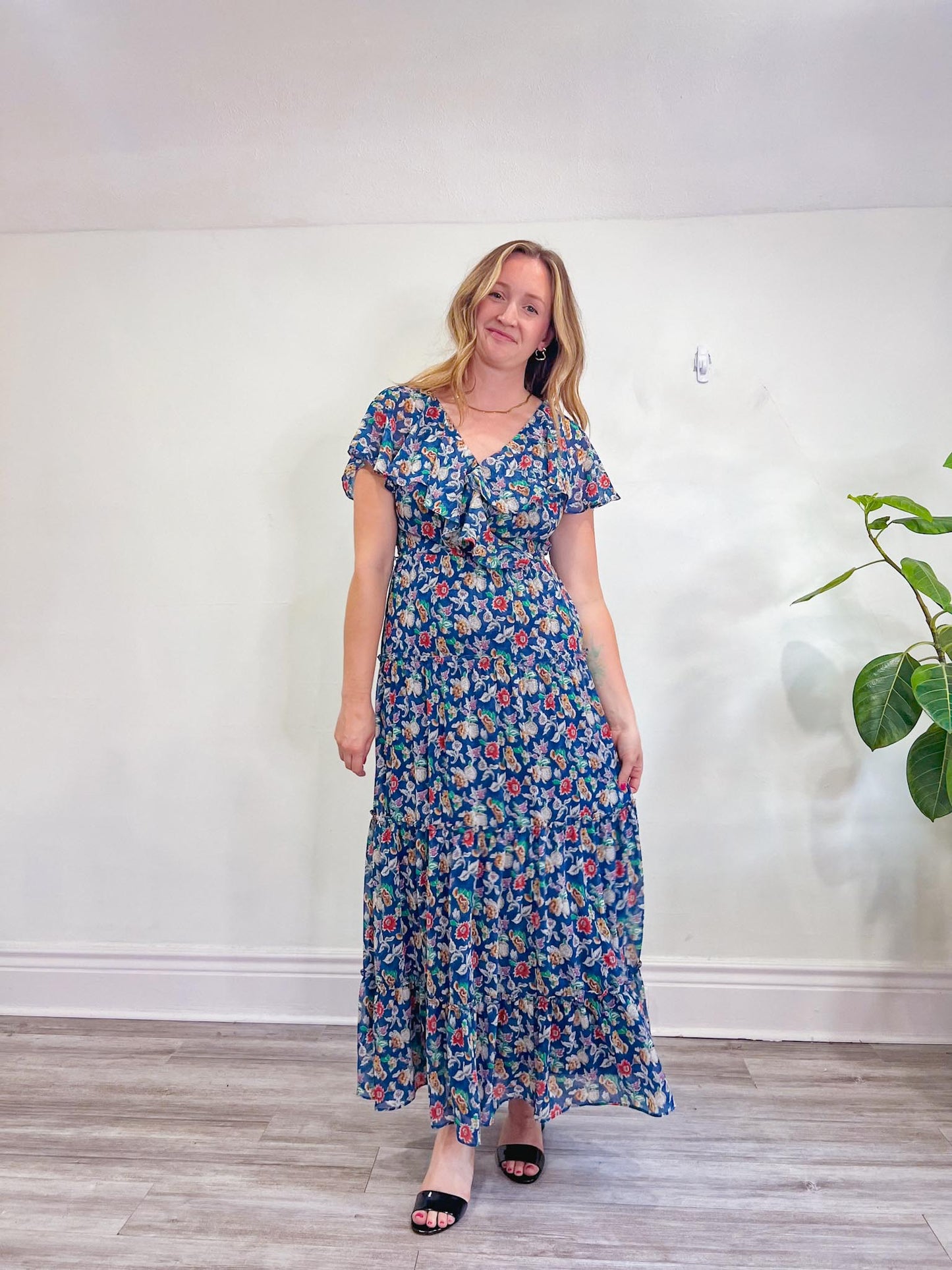 Ralph Lauren Blue Floral Maxi Dress with Flutter Sleeve (Size S)