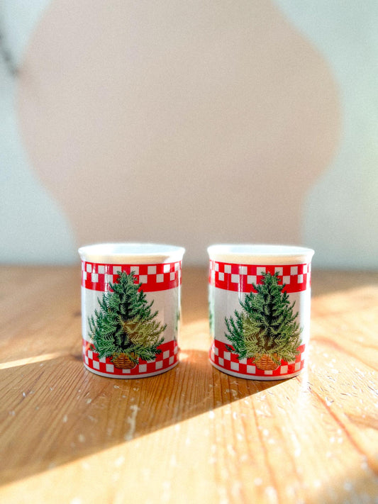 Vintage Red Check Pine Tree Mugs - Set of Two