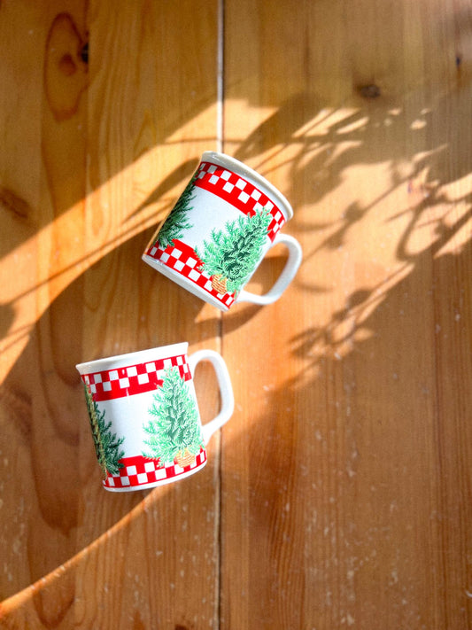 Vintage Red Check Pine Tree Mugs - Set of Two