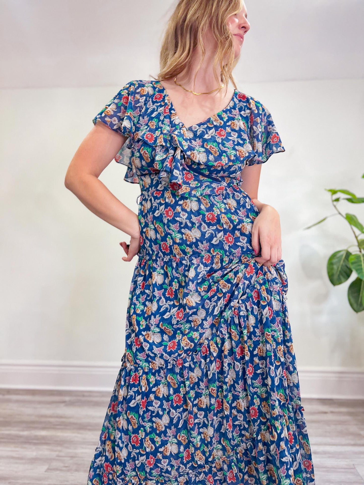 Ralph Lauren Blue Floral Maxi Dress with Flutter Sleeve (Size S)