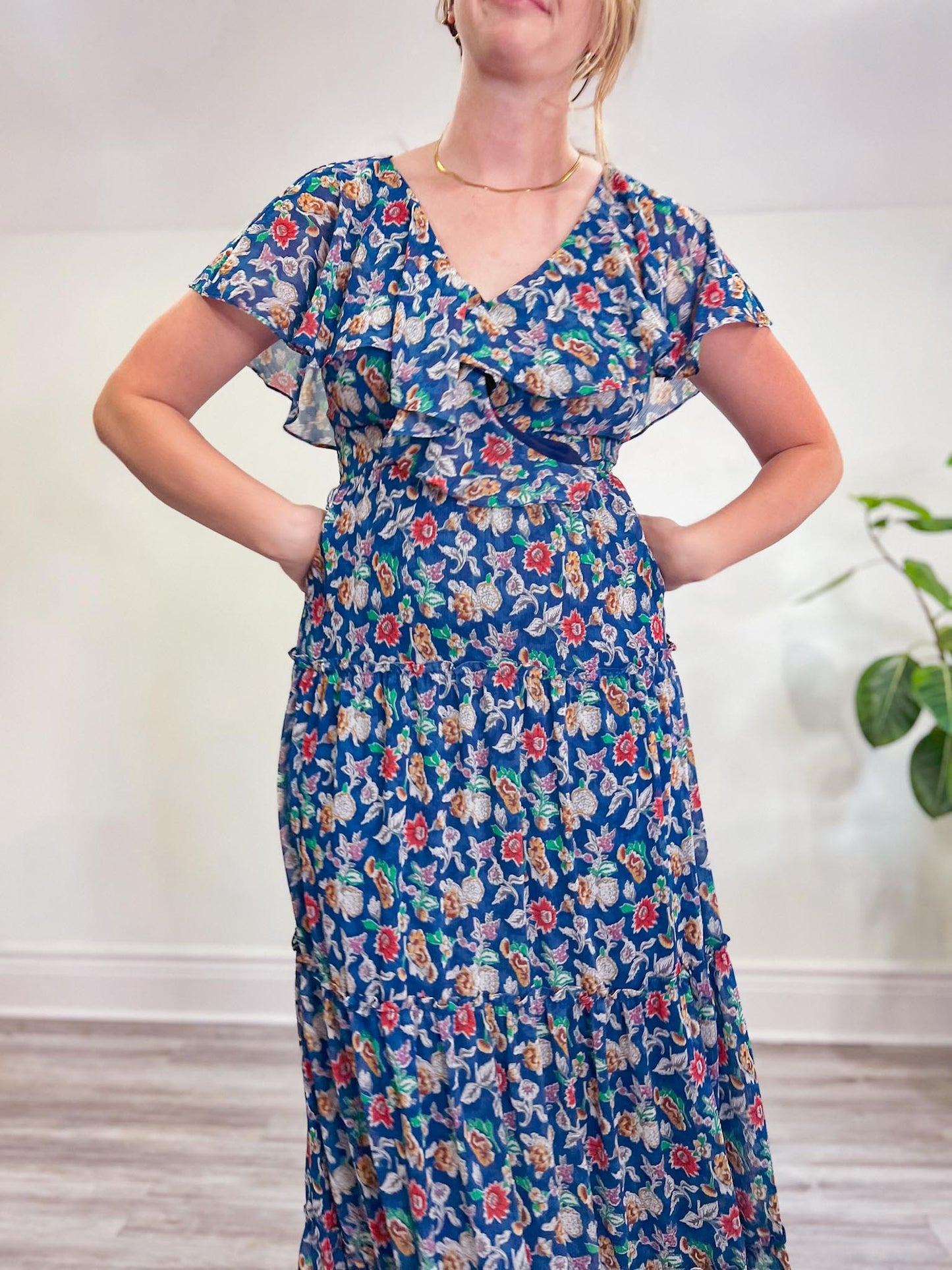 Ralph Lauren Blue Floral Maxi Dress with Flutter Sleeve (Size S)