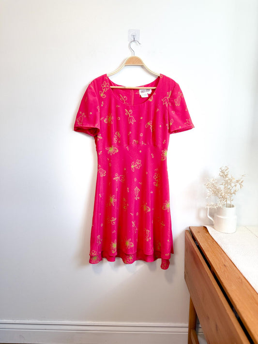 Vintage Maggy London Summer Dress in Hot Pink/Green Floral (Size L)
