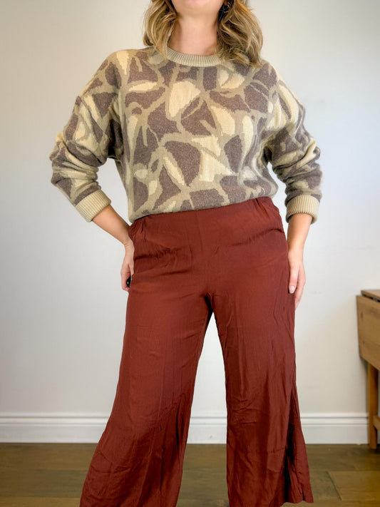 ba&sh Designer Cashmere & Wool Crewneck Sweater in Brown Print (Size M)