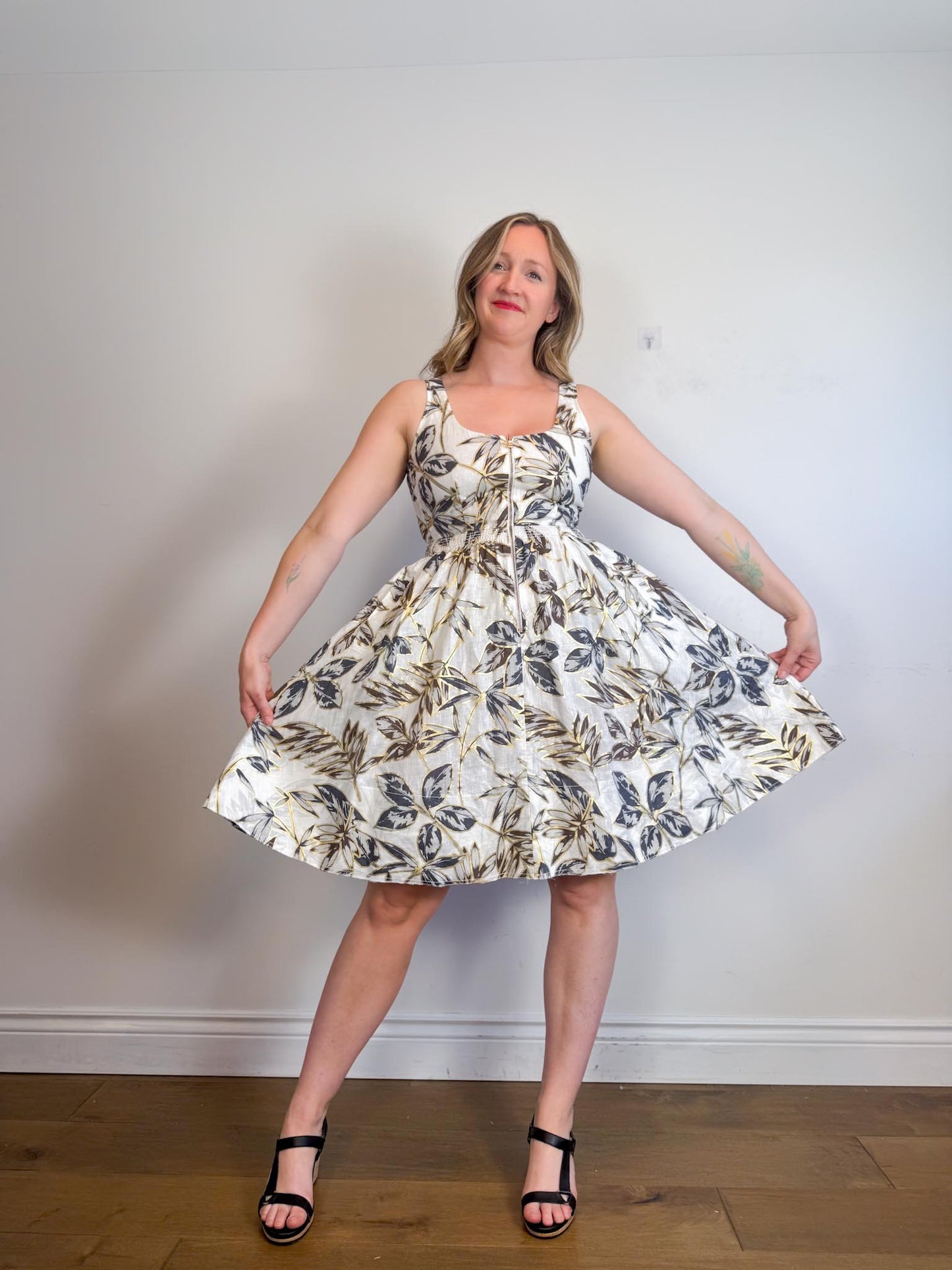 J.Crew Fit & Flare Gold Foil Leal Print Linen Dress (Size M/L)