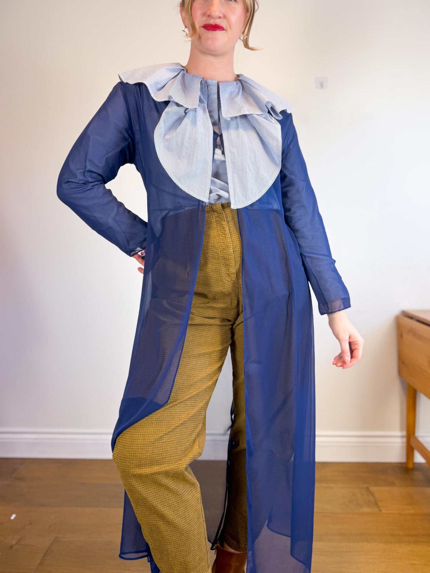 PURE COTTON Ruffled Collar Pinstriped Blouse in Blue/White (Size M)